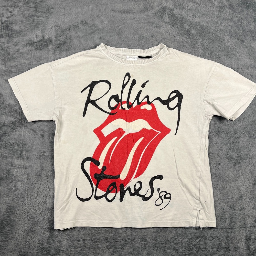 Zara T Shirt Girls 9/10 White The Rolling Stones Rock Band Logo Graphic Print